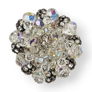 Vendome Flower Brooch Cluster Bead Aurora Borealis AB White Dome Silver Tone Vtg